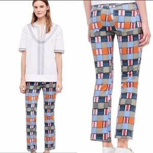 TORY BURCH Sz. 29 Cropped Straight Leg Orange Blue Patchwork Pattern Jeans